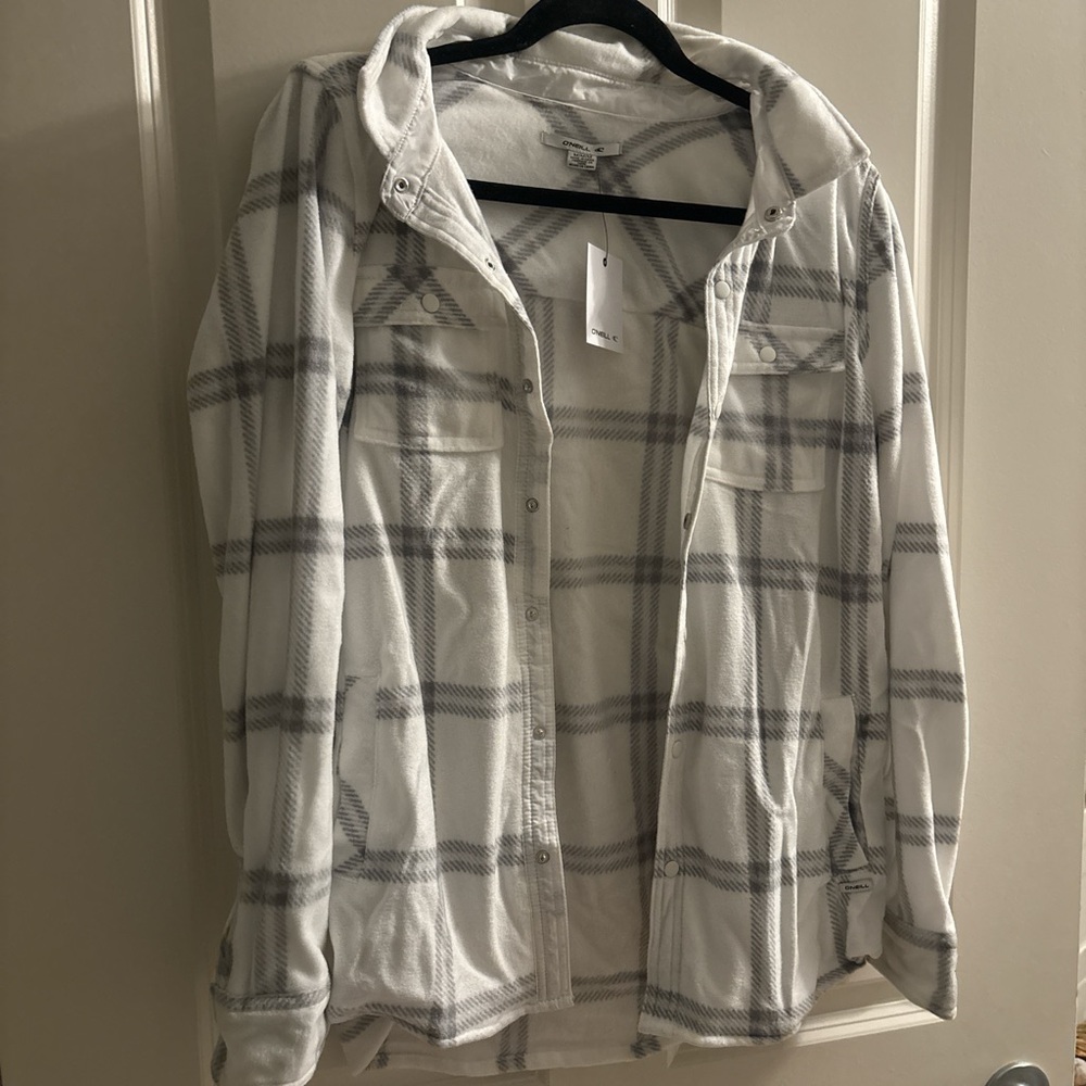 White and Gray Plaid Fleece Jacket